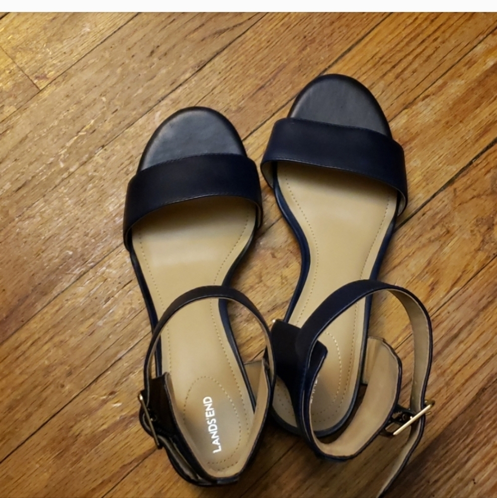 Lands' End Blue Strappy Adjustable Sandals with Gold Buckle Size 7B